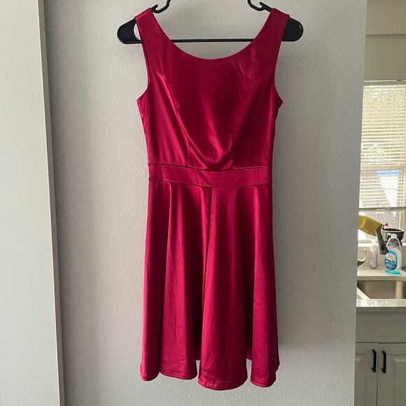 NWOT Dark Red Satin Christmas Mini Dress w Bow - Picture 4 of 14